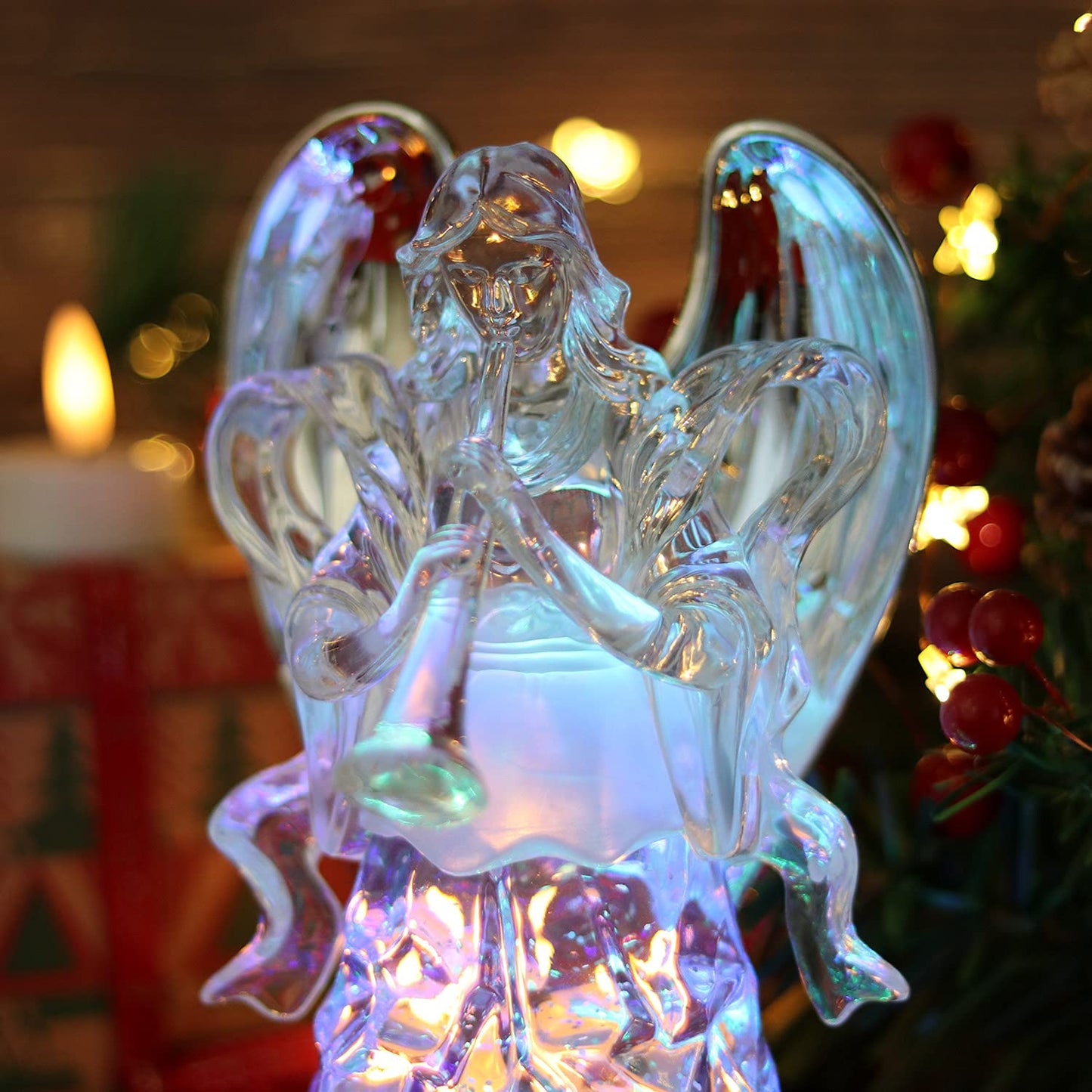 Eldnacele Snow Globe Angel Statue - Lighted, Glittering, Battery Operated, Multi-Color Changing, Model AG002-H, Christmas Decoration