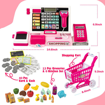 Kids Cash Register Toy with Shopping Cart Toddler Pretend Play Store Cashier Register for Kids with Music / Real Calculator / Sc