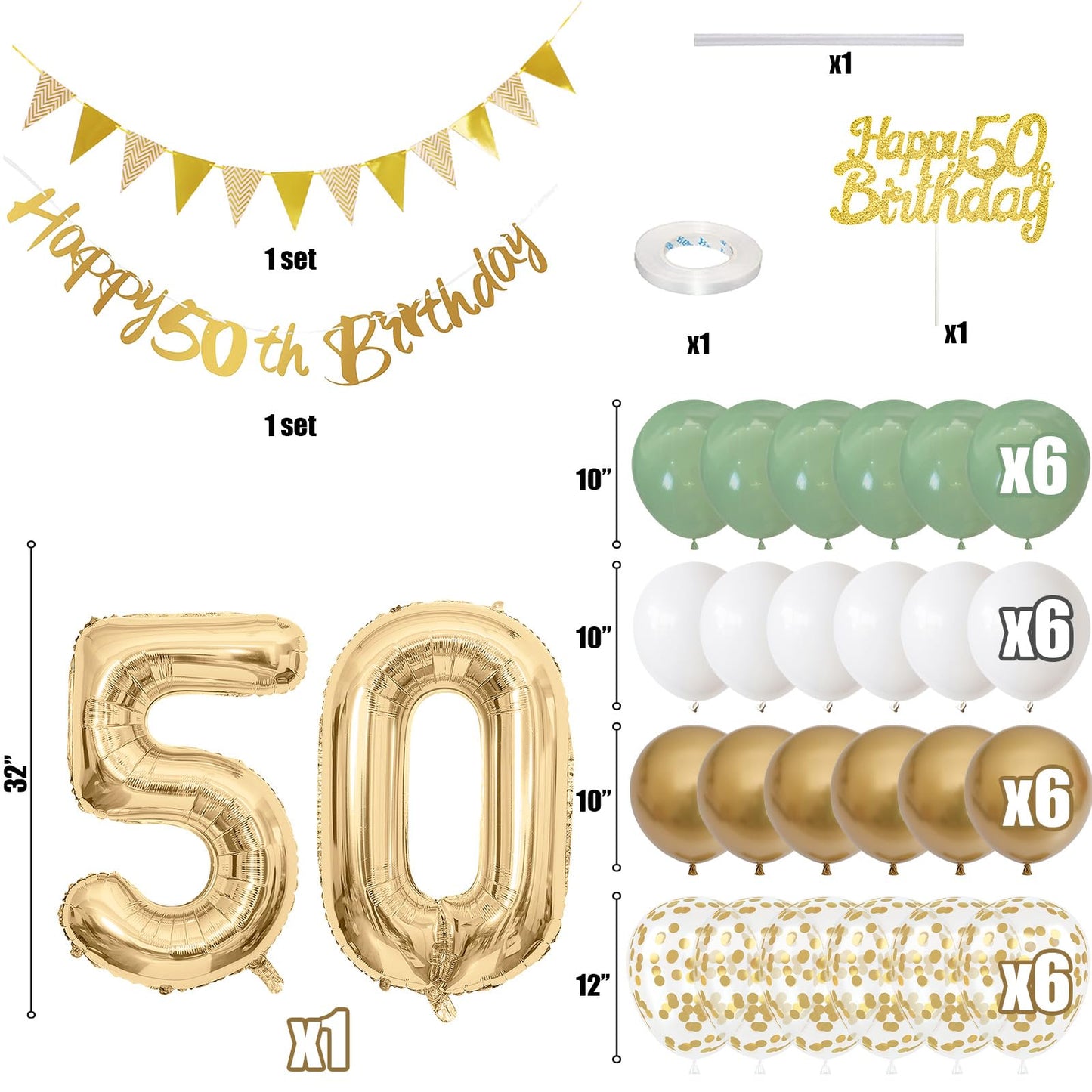 50Th Birthday Decorations For Men Women, Sage Green White Gold Birthday Balloons With Happy 50Th Birthday Banner 50Th Birthday C