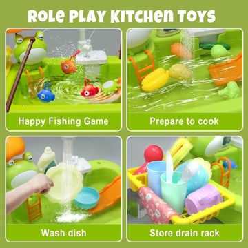 Play Sink with Running Water,Kids Sink Toy with Automatic Water Cycle System,Sink Fishing Game Toy with Food Kitchen Accessories