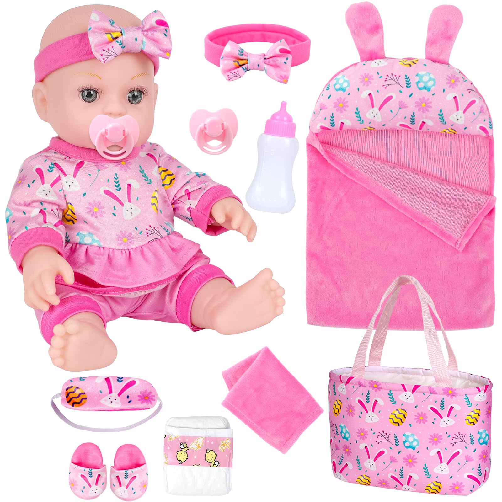 Zqdoll 12 Baby Doll, Bunny Theme Clothes And Sleeping Bag, Realistic Baby Dolls Accessories Set Girl Easter Gift Toy Stuff Pacif