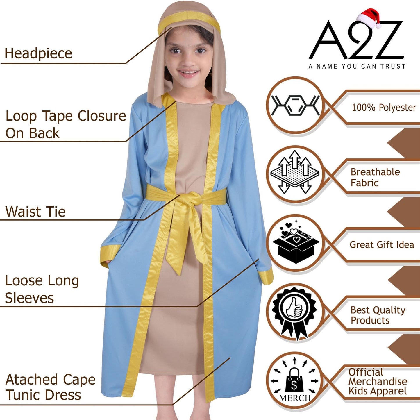 A2Z 4 Kids Girls Xmas Nativity Mary Costume - Mary Costume 12-14