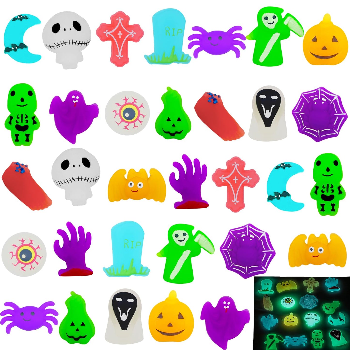 32 Pcs Halloween Mochi Squishy Toys, Glow In The Dark Halloween Squishies Stress Relief Toys For Goody Bags Filler, Pinata Stuffers, Halloween Non Candy Treats Gifts For Kids Boys Girls