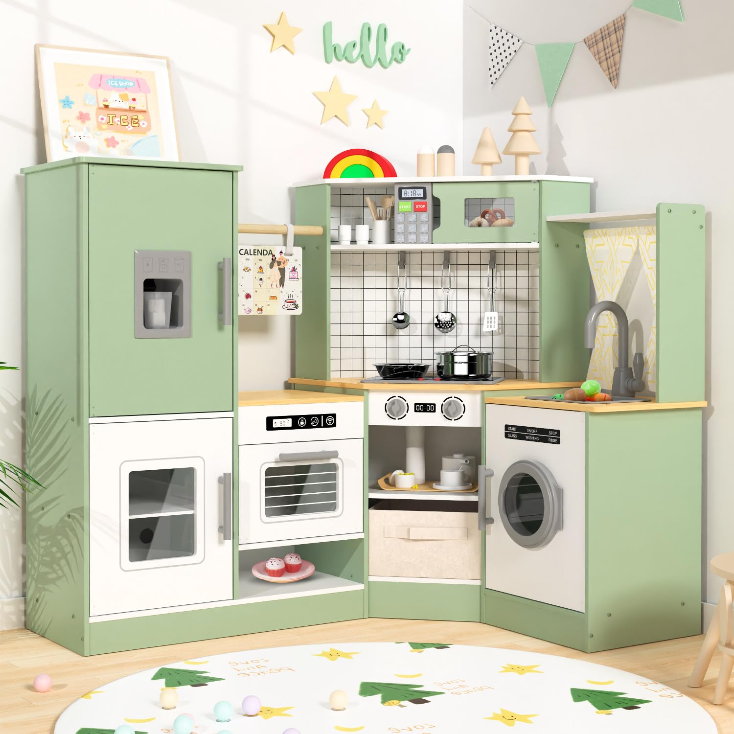 Babytronic Corner Wooden Play Kitchen Set For Kids W/Lights & Sounds, Pretend Play Kitchen Playset With Stove, Microwave, Ice Ma