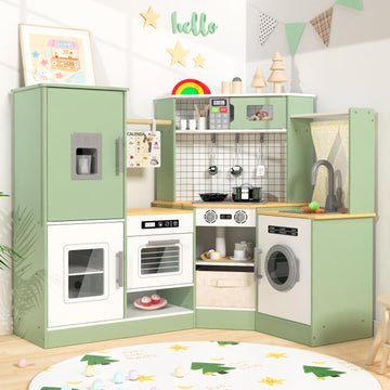 Babytronic Corner Wooden Play Kitchen Set For Kids W/Lights & Sounds, Pretend Play Kitchen Playset With Stove, Microwave, Ice Ma