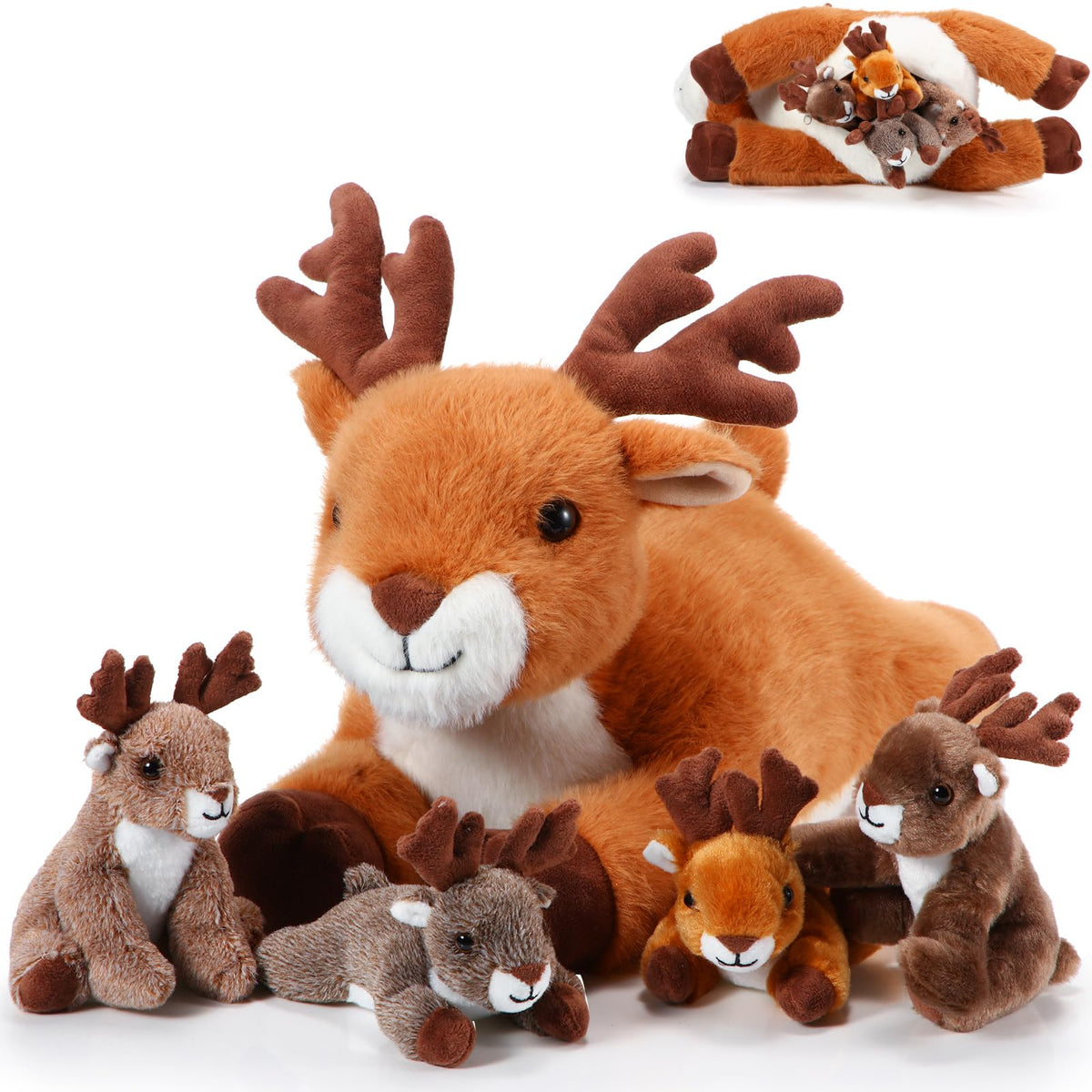 Poen Plush Deer Stuffed Animal Set with 4 Baby Deer Zippered, Lying
