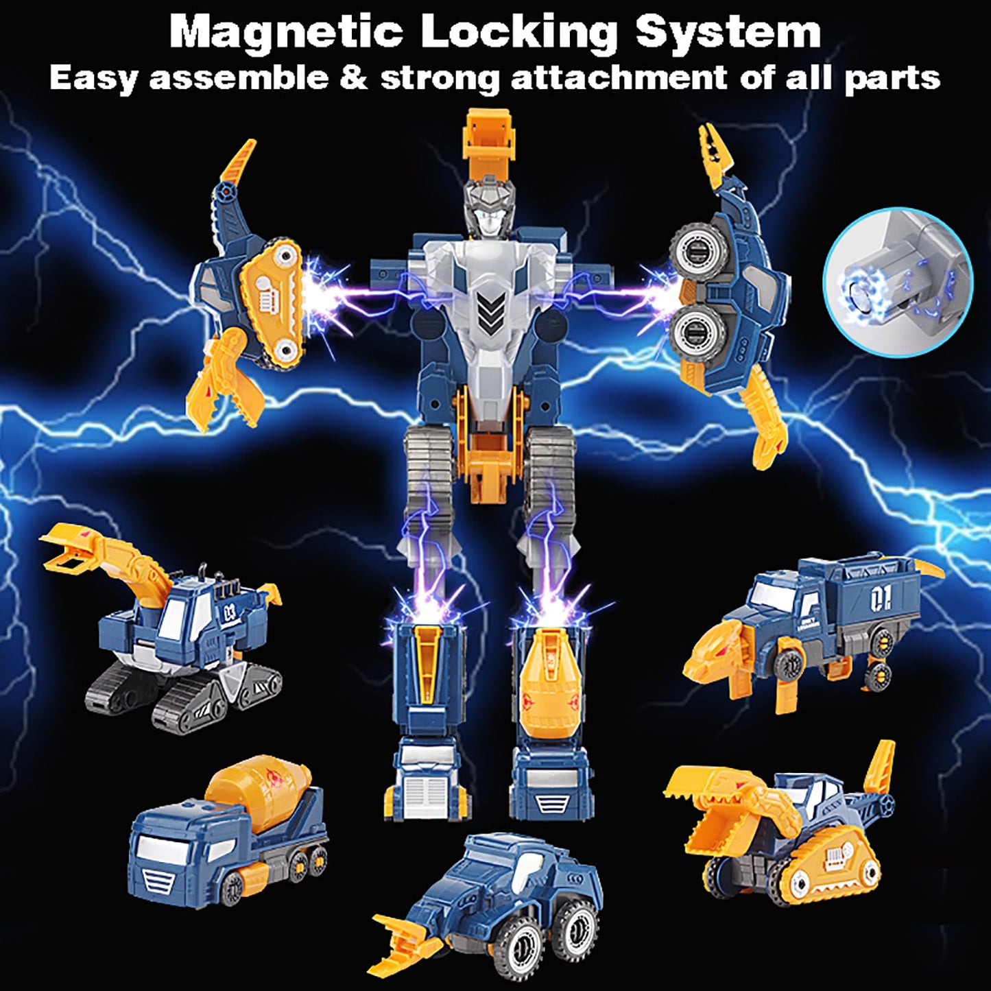 Fuzzy Pixie Toddler Construction Car Set - 5pcs Dinosaur Rescue Robots, DIY STEM Toy, Medium, Blue, Magnetic Vehicles
