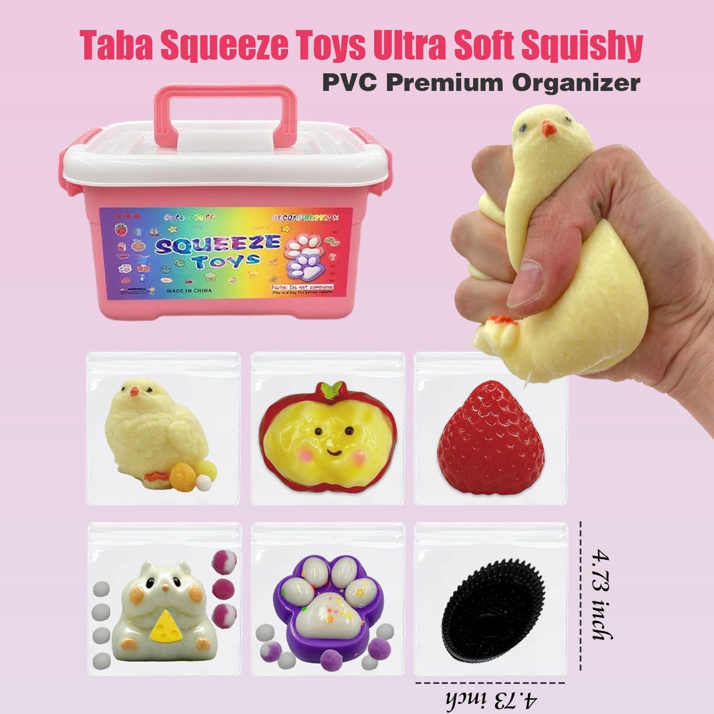 Taba Mega Squishy Toys 6-Piece Set - Giant Ultra-Soft Slow-Rise Kawaii Stress Relief for Kids & mature-themeds  Big Hamster  Huge Strawberry  Jumbo Cat Paw  Mega Chick  Cute Cat & Cookie with Storage Case