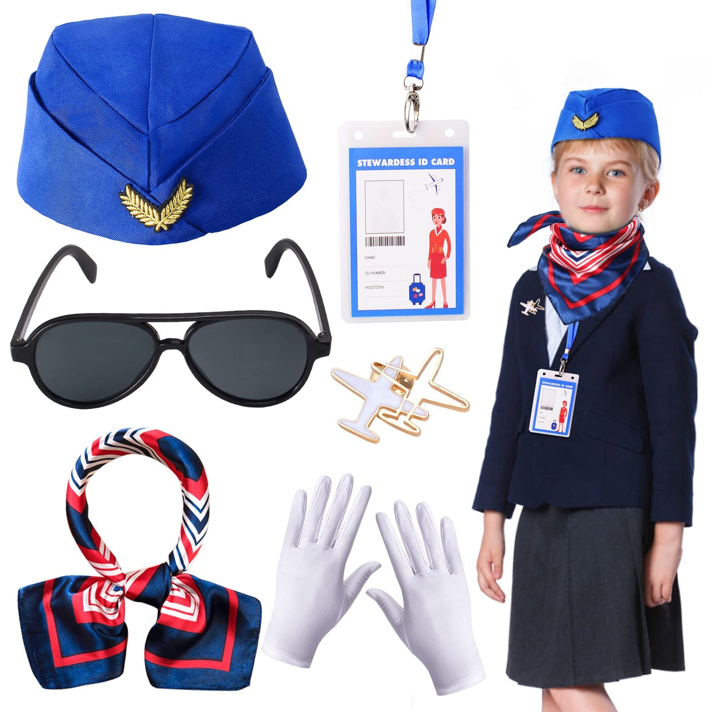 Keymall Kids Flight Attendant Costume Accessories Set Stewardess Hat Airline Hostess Costume Kits For Girls Dress Up Halloween Career Costume (Blue)