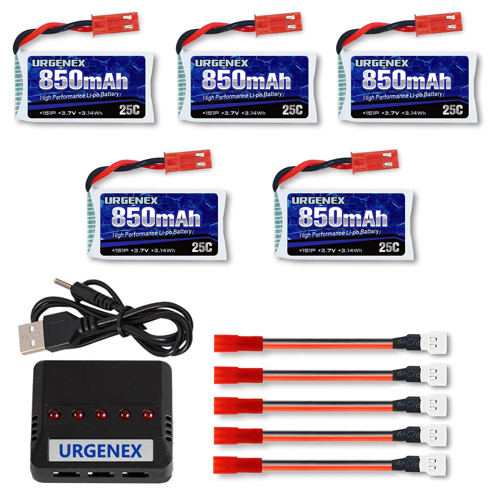 URGENEX 3.7V Lipo Battery 850mah Rechargeable Lipo with JST Plug X5 Charger for MJX Syma Holy Stone Sky Viper RC Quadcopter Dron