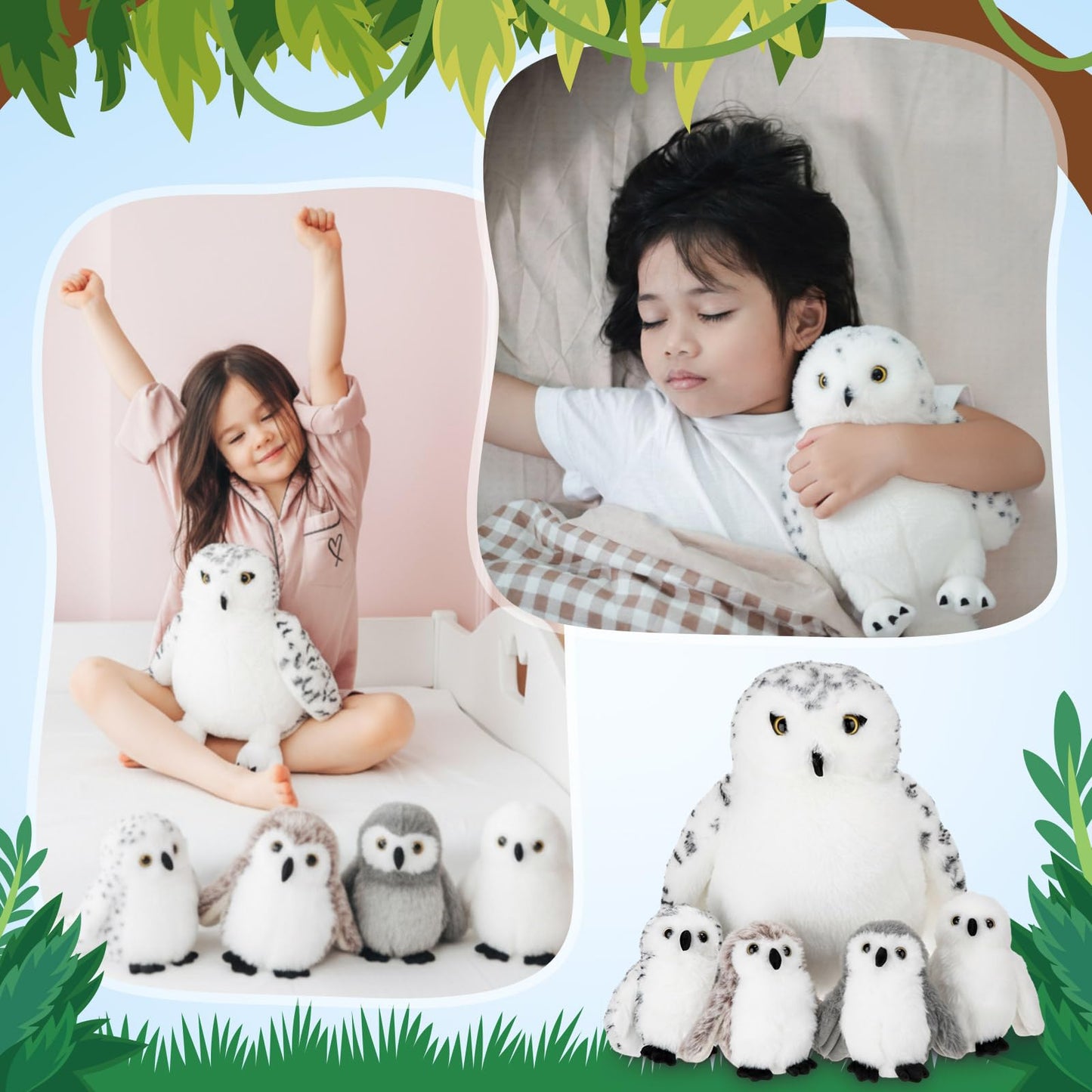 Hollowfly 5 Pcs Snowy Owls Plush Toy Gift Set 12.6 Mom Owls with 4 Cute Babies Stuffed Animal in Zippered Back Nurturing Plushes