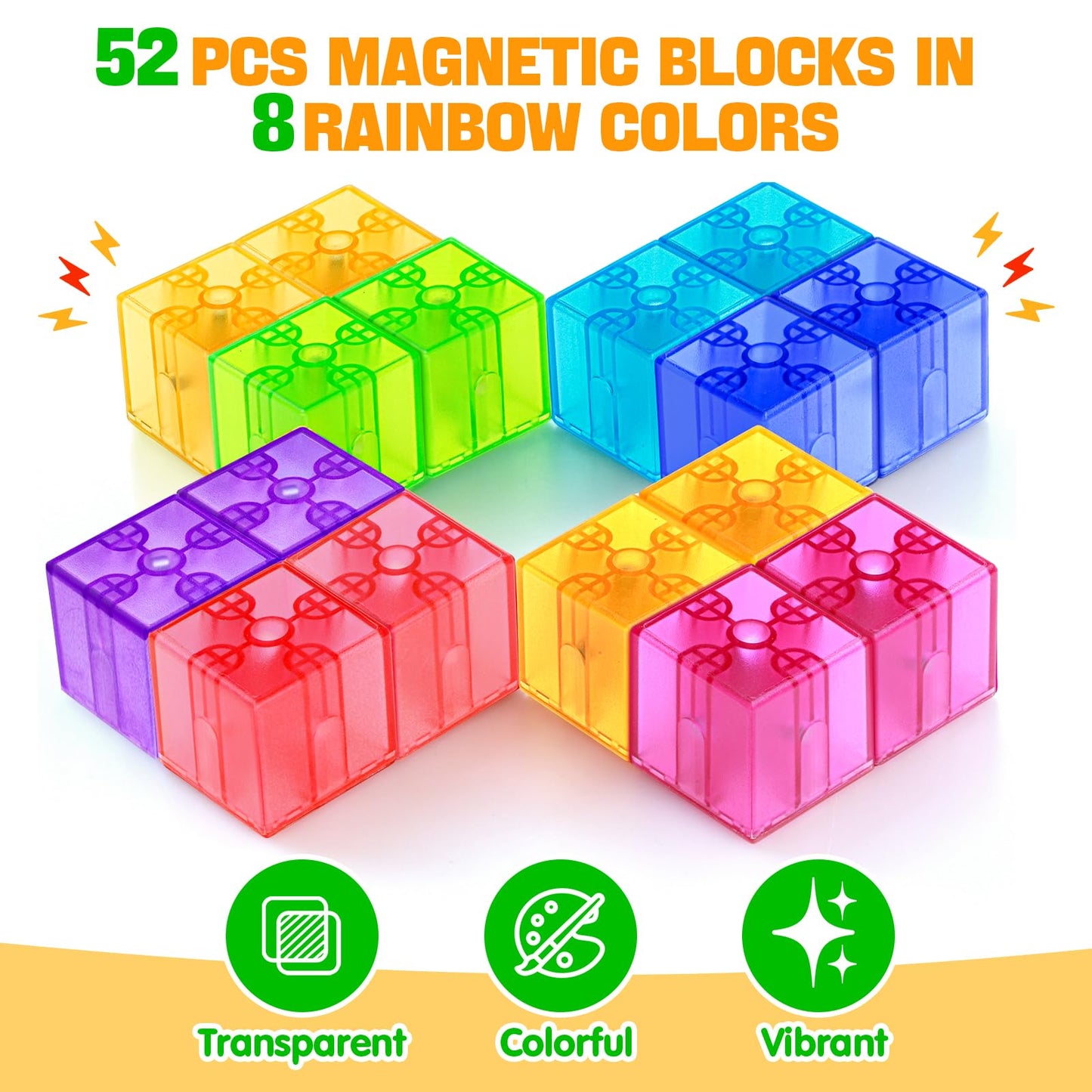 Feoxialy Magnetic Blocks - 52Pcs Translucent Magnetic Cubes, Digit Building Blocks Magnet Toys For Kids, Rainbow Stem Creativity Toys 3+ Year Old Boys & Girls Toddlers Kids Christmas Birthday Gifts