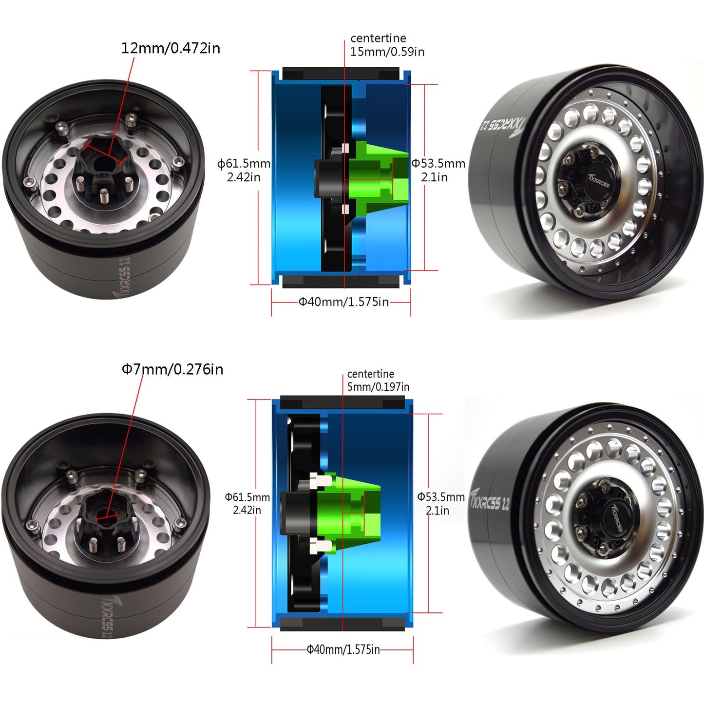 Txxrcss Adjustable 2 Offsets RC 2.2 Beadlock Wheels Rims Hub 1/10 Crawle Wheel Car Aluminum for Upgrades Remote Control SCX10 Ca