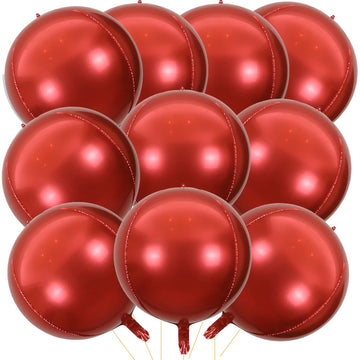 Kalor 10 Pcs 22 Inch Red Mylar Balloons, Large 4D Giant Round Foil Balloon Big Mirror Metallic Balloons For Birthday Party Baby Shower Gender Reveal Supplies