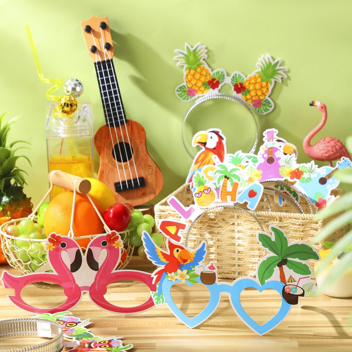 BBTO 24 Pcs Hawaiian Headband Glasses Set Summer Luau Party Decorations Hair Hoop Tiki Aloha Palm Tree Flamingo Headdress Paper