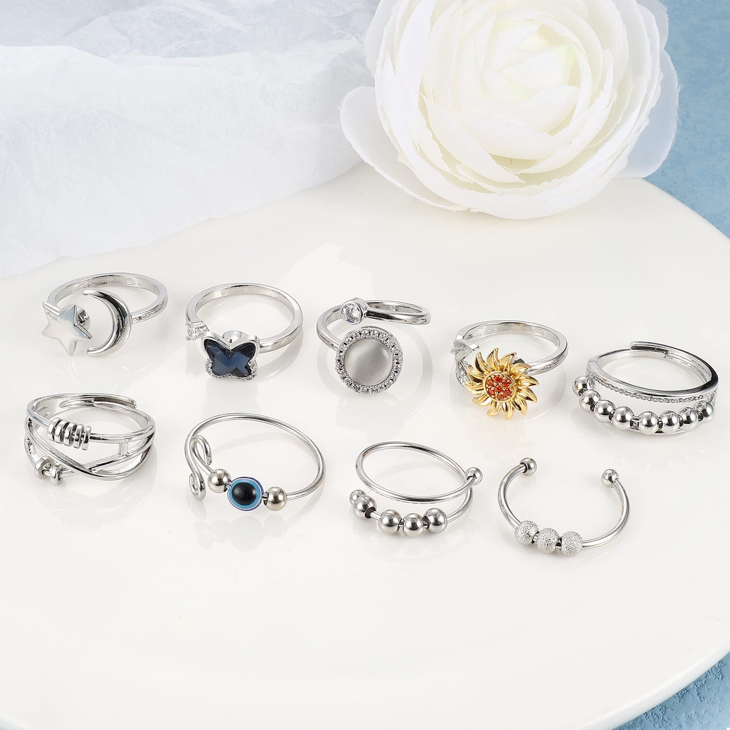 FIBO STEEL Fidget Anxiety Rings - 9 Pcs Spinner Rings, Adjustable, Silver-tone, Stress Relief, Open CZ Flower Moon Star Design