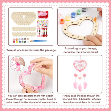 Fennoral 6 Pack Heart Dream Catcher Craft Kit For Kids Paint You Own Love Heart Dream Catcher Diy Coloring Mother'S Day Wooden A