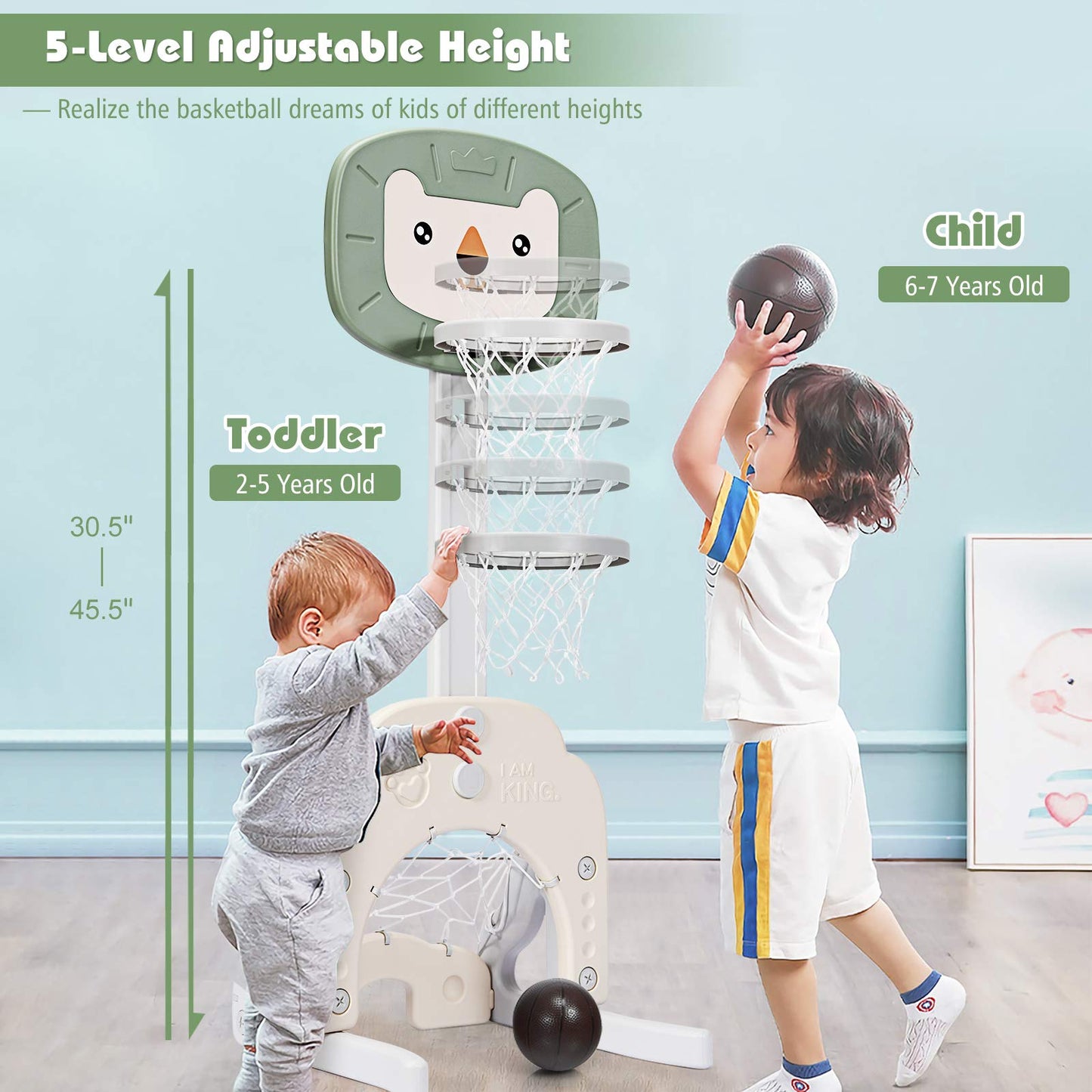 AKUSTIK 3 in 1 Toddlers Basketball Hoop Stand  Adjustable Height Sports Center with Basketball Soccer Golf Game Set  Portable Indoor Outdoor Activity Playset Gift for Kids 1-3 (Green)