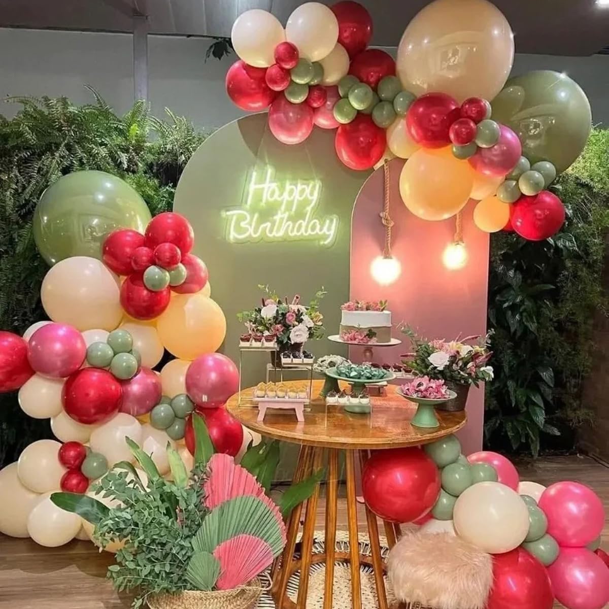 Mebay Balloons Arch Kit, 146Pcs Matte Rose Red Tender Pink Macaron Green Yellow Latex Balloon Different Sizes 18 12 10 5 Inch Fo