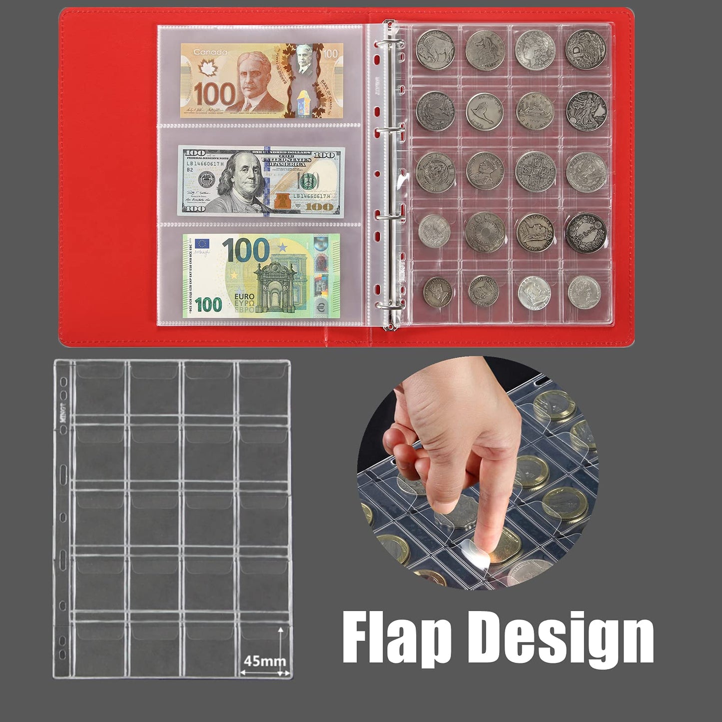 Mudor 200 Pocket Coin Pages For Collectors, Standard 9-Hole Coin Collection Pages Fit Most Binder, Coin Collecting Supplies, 10