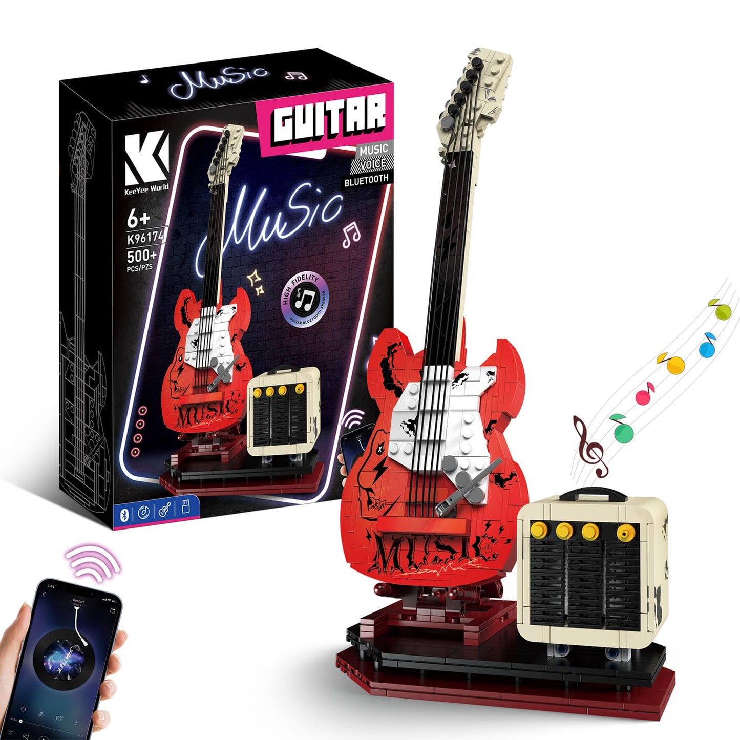 Xydongtong Guitar Music Interactive Building Set For Music Lovers, Diy Guitar Model Toy Compatible With Lego,Reverb Amplifier &