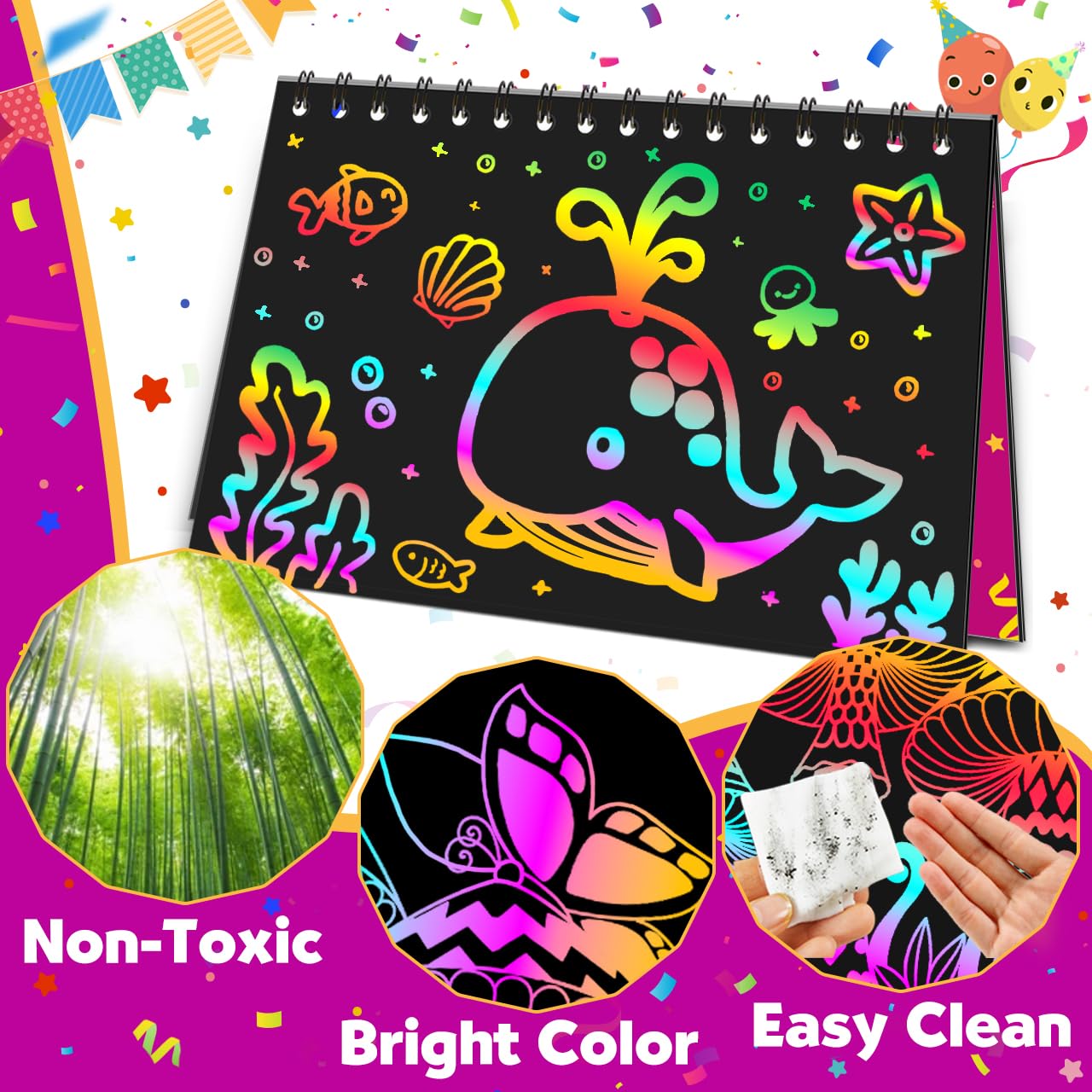 Pigipigi Party Favor Toy For Kids: 24 Pack Rainbow Art Scratch Notebook, Colorful Craft Scribble Paper Magic Black Drawing Pad Kit, Activity Gift Set For Girl Boy Children Birthday Christmas