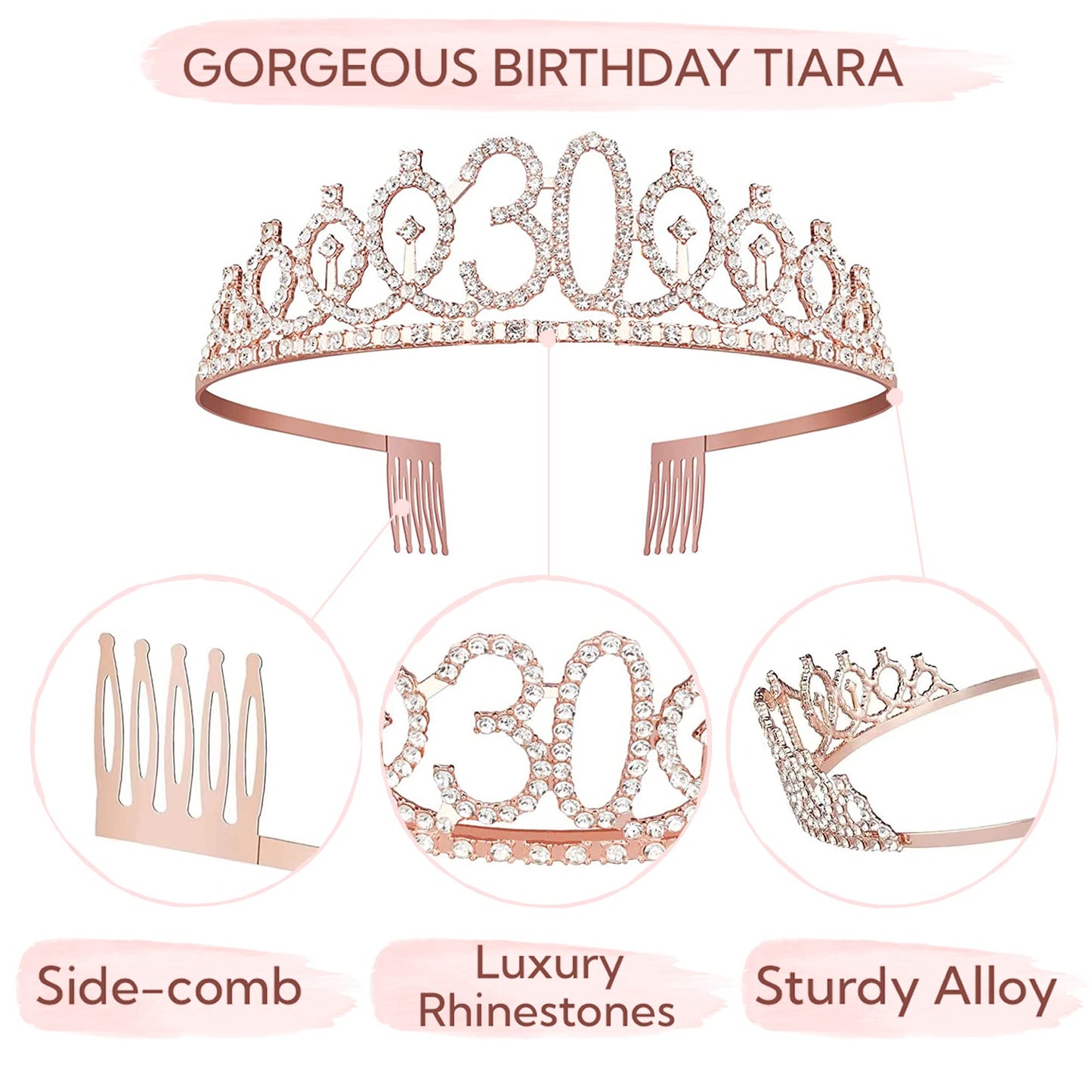 Bella Meri 30th Birthday Gifts for Women, 30th Birthday Tiara Crown, Sash, Cake Toppers,Birthday Candles, 30 Birthday Decoration