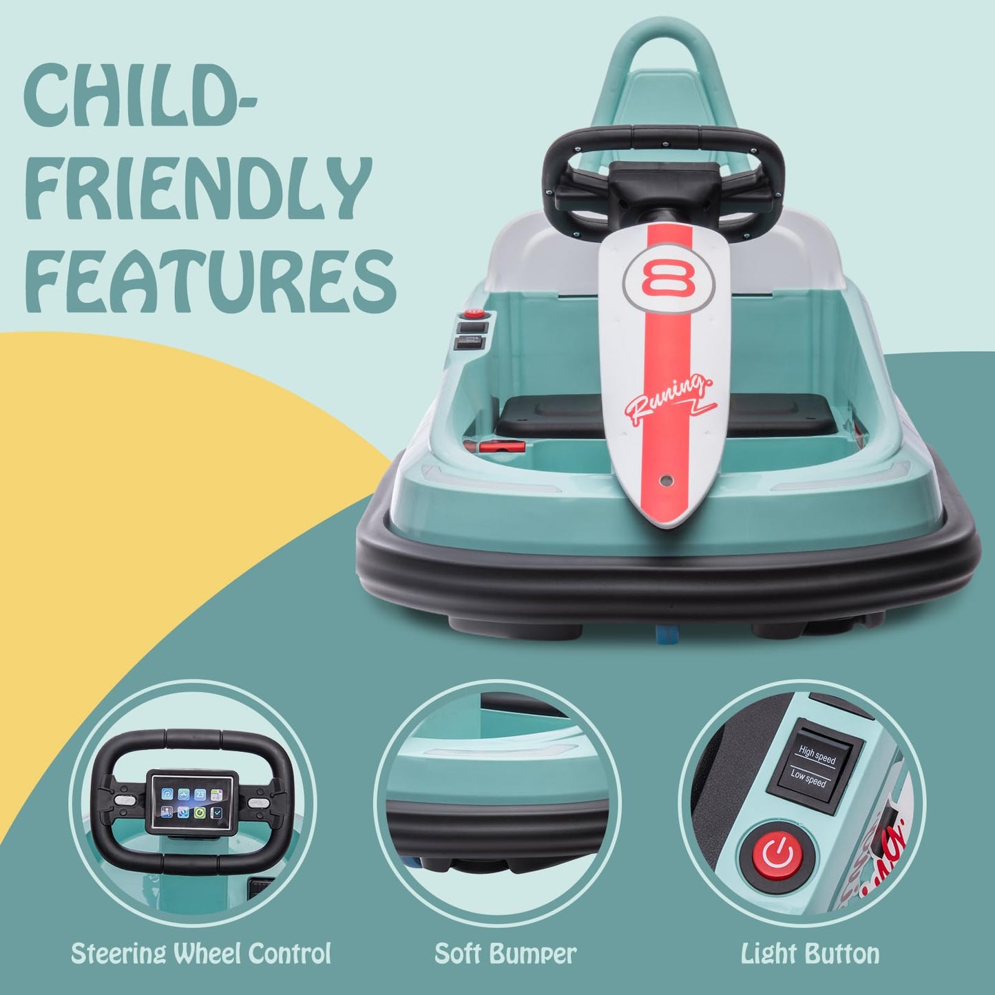 Hetoy Bumper Car For Toddlers, 6V Electric Ride On Toys For Kids, 1.9 Mph Max Speed, Steering Wheel, 360 Degree Spin, 2-Speeds, Lights, Music & Horn, Birthday Gift For Boys Girls 2-6 Years Old, Green