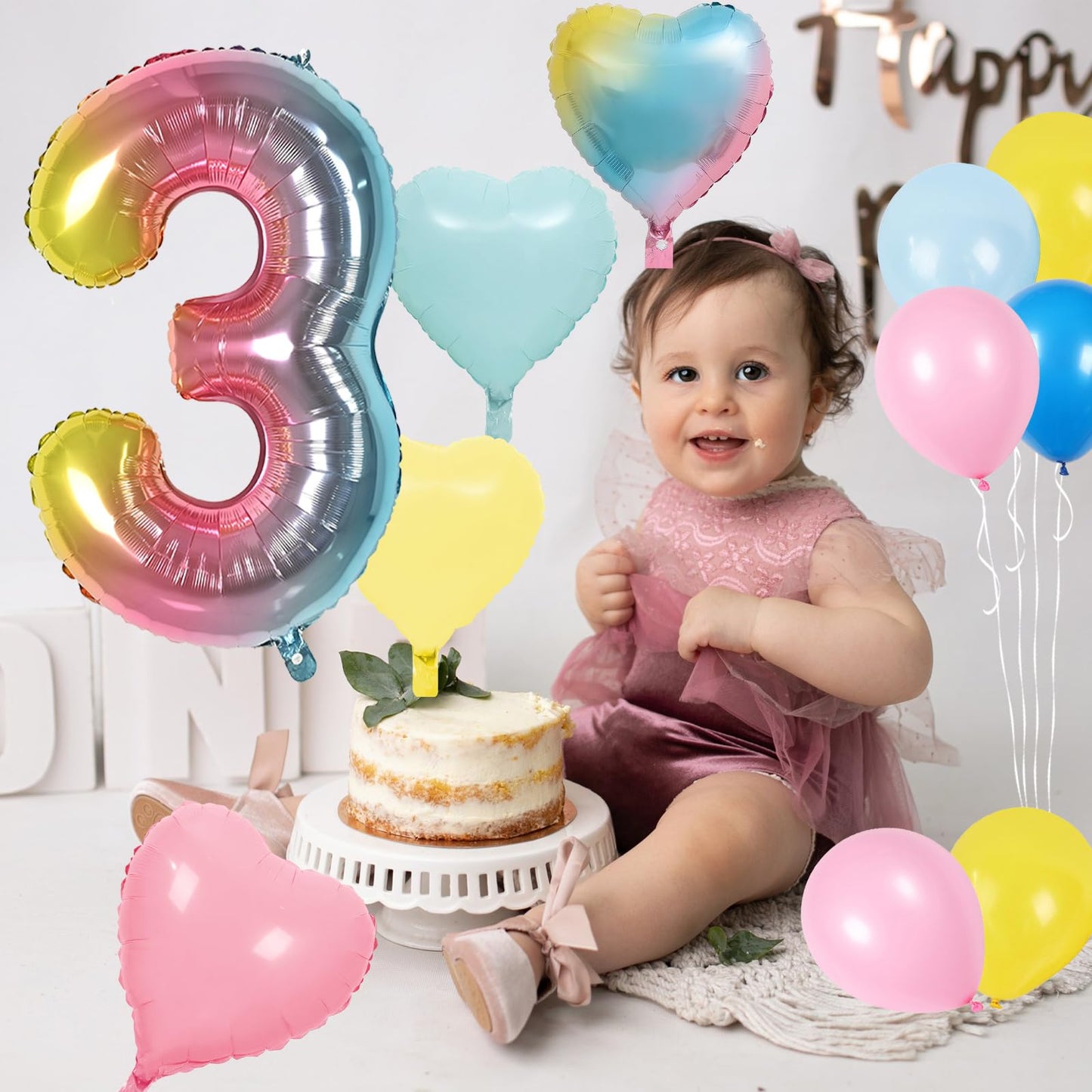 Biapian 40 Inch Rainbow Number 3 Balloons, 7Pcs Large Gradient Number 3 Birthday Balloons With Pink Blue Yellow Foil Heart Shape