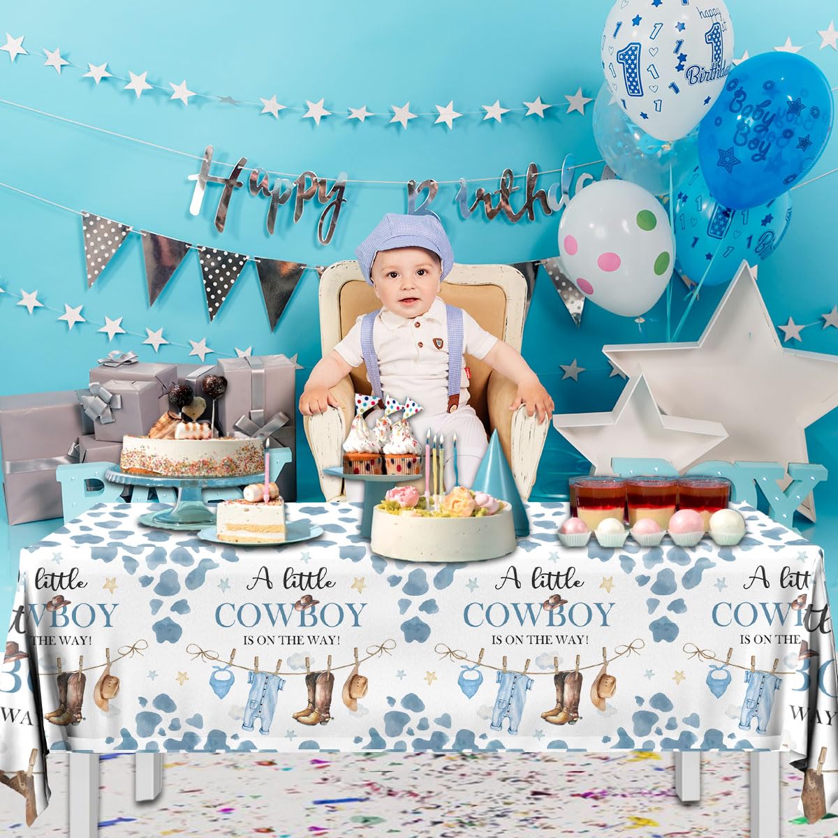 Pymurod Little Cowboy Baby Shower Decorations-3Pcs Western Cowboy Tablecloth Little Cowboy Table Cover For Cowboys Western Theme