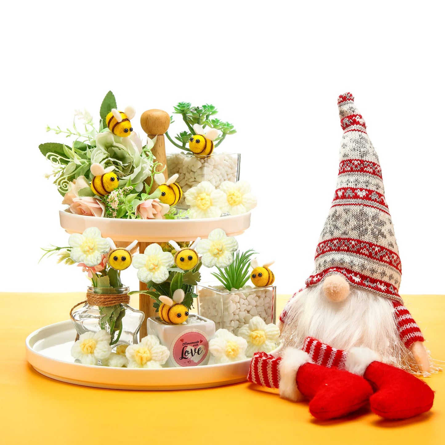 Moukeren 72 Pcs Felt Bees for Crafts and Crocheted Spring Flowers Set, Wool Fuzzy Bee Decorations Plush Knitted Flowers for DIY