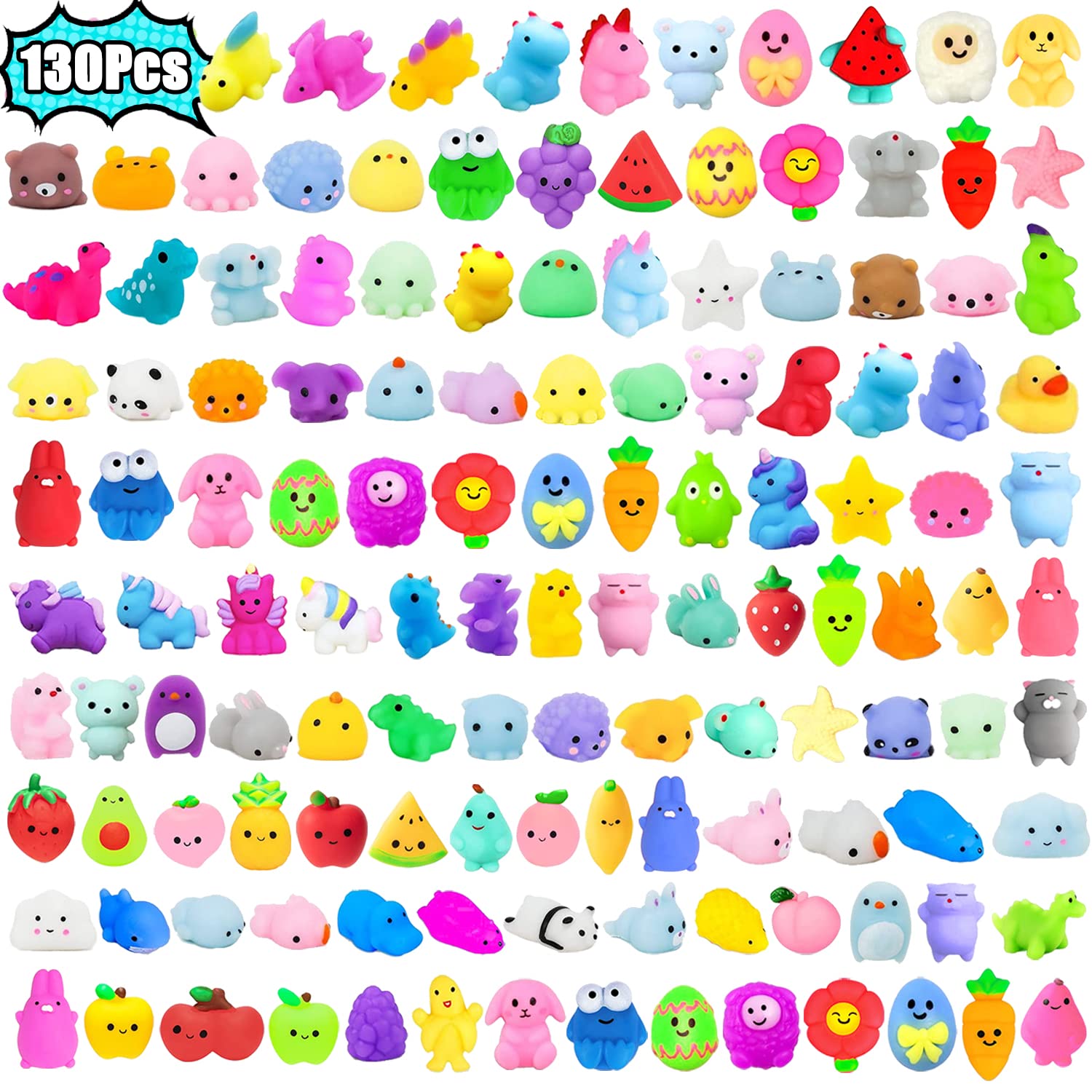 130Pcs Mochi Squishy Toys, Kawaii Squishies, Mini Fidget Toys Bulk For Kids, Party Favors Class Prizes Valentines Day Easter Egg
