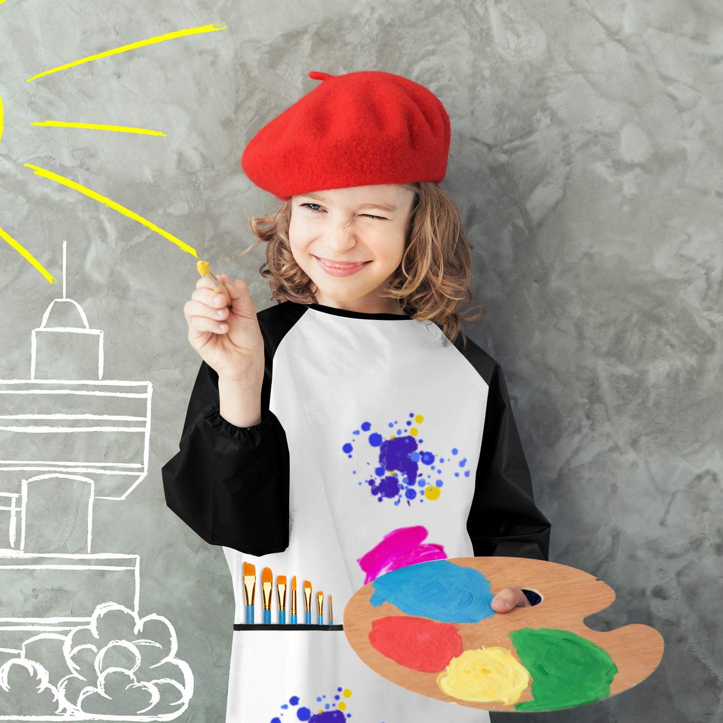 Godr7Oy Kids Art Smocks, Painting Apron Artist Smock With Sleeve And 3 Pockets 2 Pack Black/White Set For Age 2-6 Years (Small)