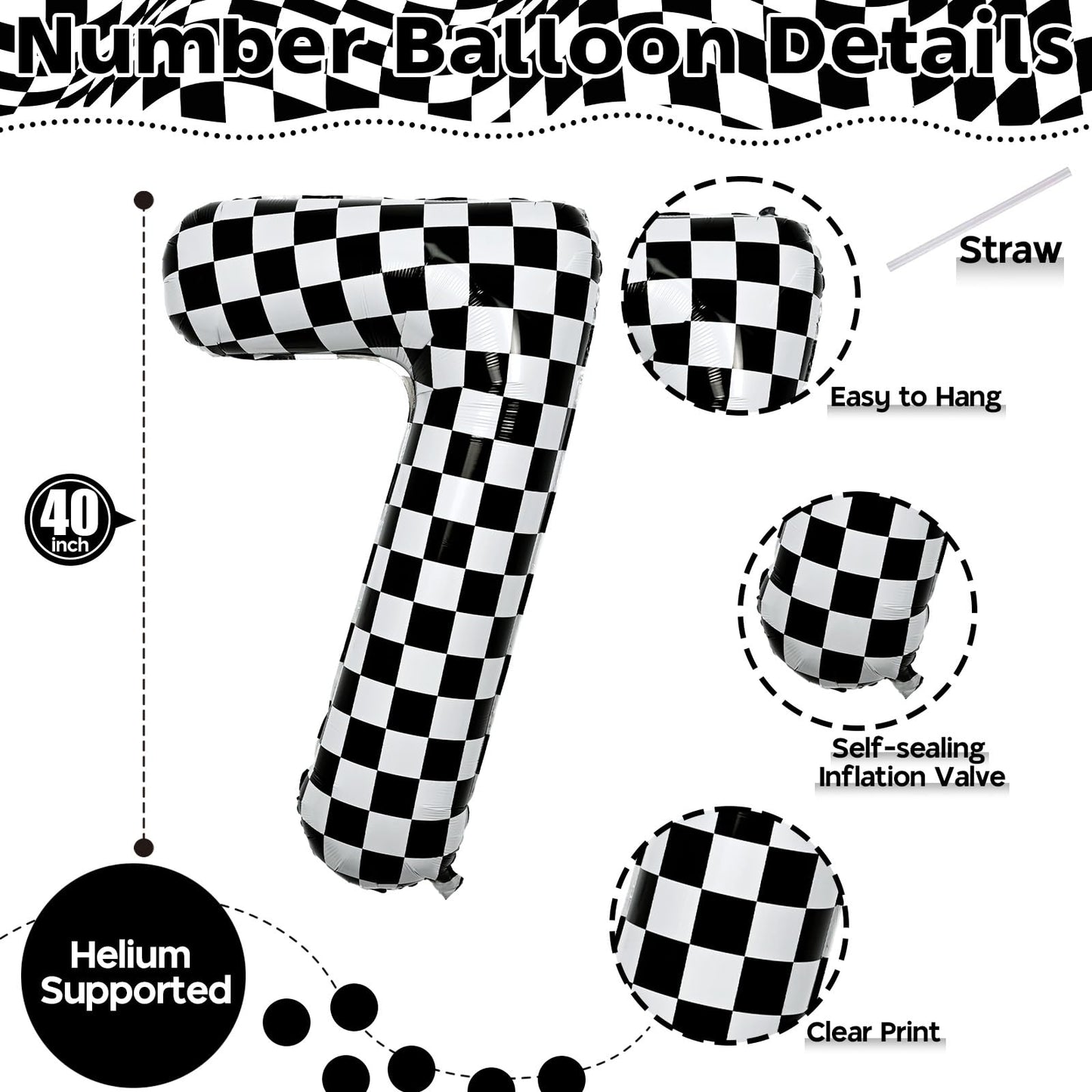 Number 7 Balloon For Boys, Giant Checkered Self Inflating Number 0-9 Set Decor For Girls, 40 Inch Foil Helium Black And White Ra