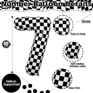 Number 7 Balloon For Boys, Giant Checkered Self Inflating Number 0-9 Set Decor For Girls, 40 Inch Foil Helium Black And White Ra
