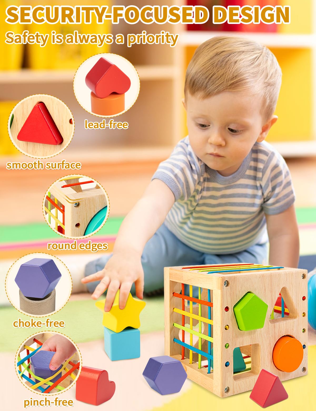 AMAWOOD Montessori Toy for Toddlers, Shape Sorter for Babies, Wooden Shape Sorting Cube with 8 Rattling Blocks Baby Toys, Educat