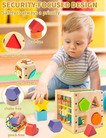 AMAWOOD Montessori Toy for Toddlers, Shape Sorter for Babies, Wooden Shape Sorting Cube with 8 Rattling Blocks Baby Toys, Educat