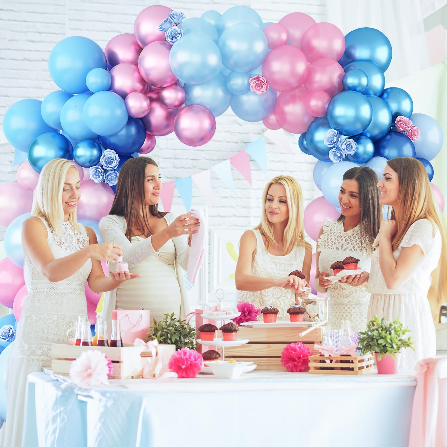 Pink Blue Balloon Arch Garland Kit, 152Pcs 18/10/5 Inch Gender Reveal Balloons, Metallic Blue Pink Mixed Party Balloons Pearl Bl