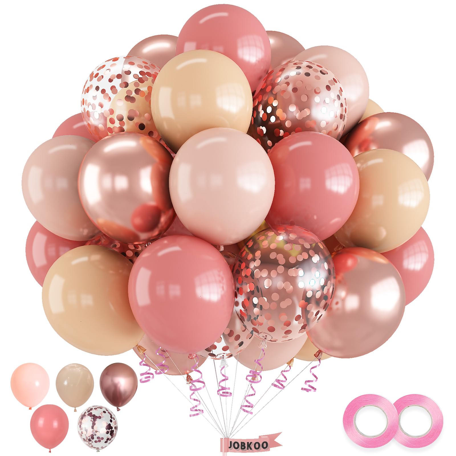 Dusty Pink Balloons, 60 Pcs Blush Pink Nude Balloons Set With Rose Gold Confetti Metallic Rose Gold Balloons, Retro Pink Pastel