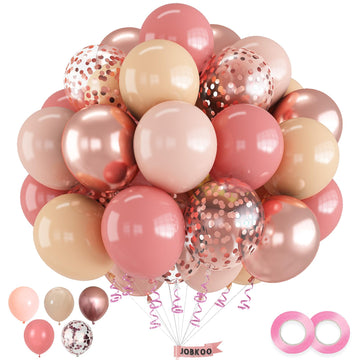 Dusty Pink Balloons, 60 Pcs Blush Pink Nude Balloons Set With Rose Gold Confetti Metallic Rose Gold Balloons, Retro Pink Pastel