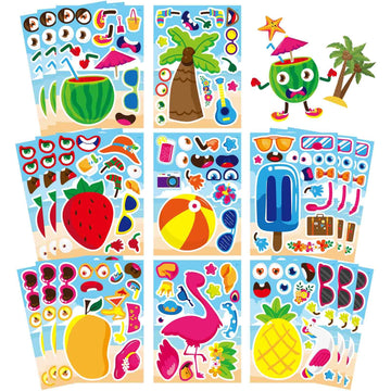 24 Sheets Summer Make A Face Sticker Hawaii Tropical Pool Beach Stickers For Kids, Make Your Own Watermelon Pineapple Flamingo S