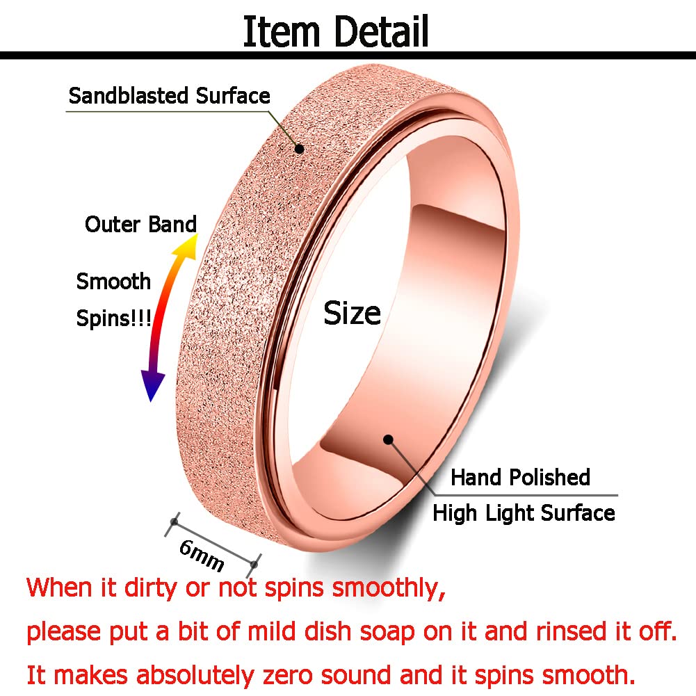 Amorartsky Spinner Ring For Anxiety Relief Fidget:Anxiety Ring For Women Men,Titanium Stainless Steel Spinner Ring,5 Colors,6Mm,Sandblasted Finished Fidget Ring-Rose Gold