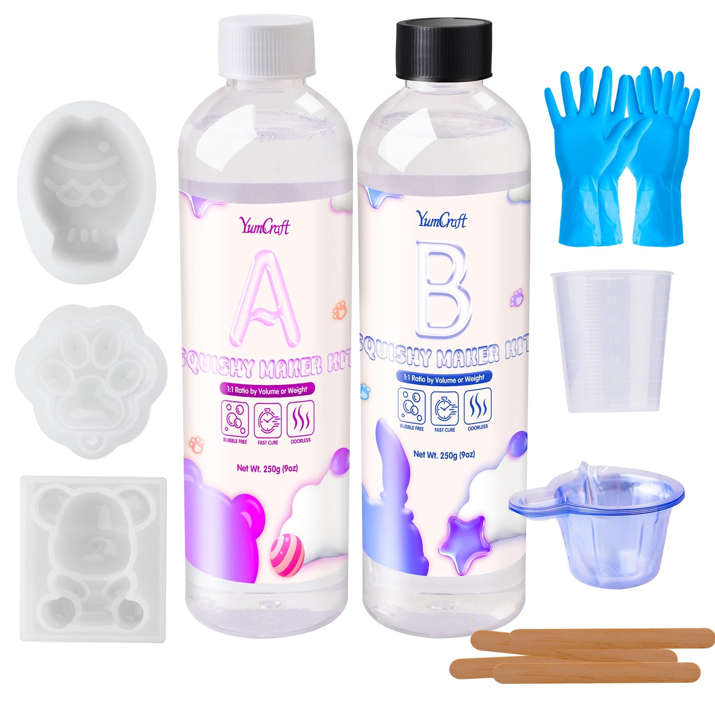 Transparent Liquid Silicone for Squishy Maker  18oz Silicone Rubber for Making Taba Squishy  Super Soft & Fast Liquid Silicones  Perfect DIY Decompression Gift  Custom Mold: Cat Paw + Fish + Bear