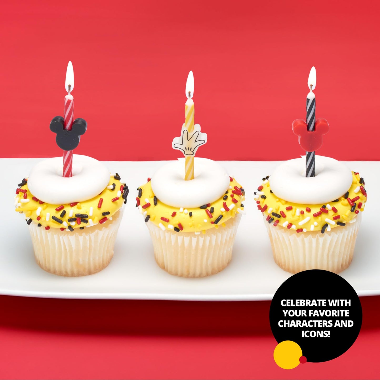 Disneys Mickey Mouse Birthday Cake Candles | 6 Birthday Candles for Cake Decorations, Red, Yellow & Black Stripe Candles for Mi