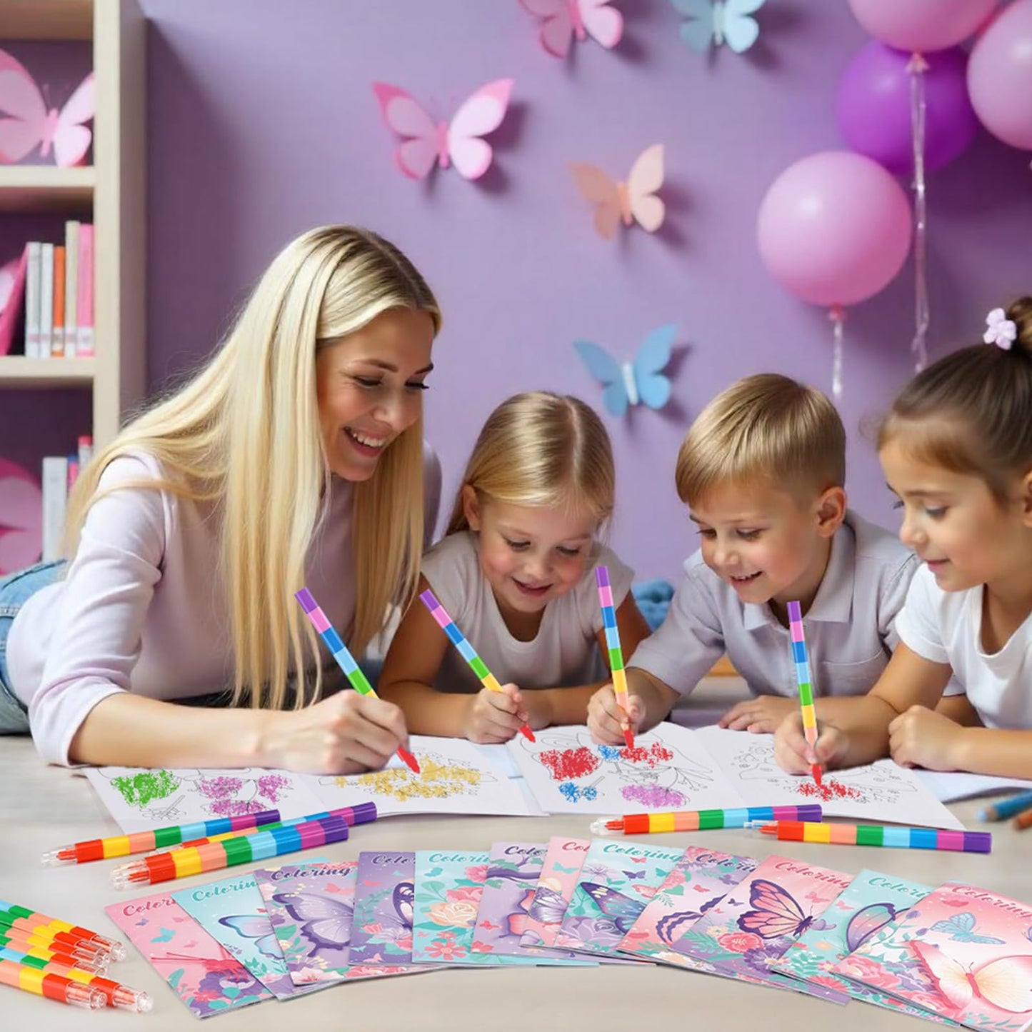 BenLouis 24 Butterfly Mini Coloring Books Kids with 24 Stacking Crayons Butterfly Theme Party Favors Activity Books Bulk for Kid