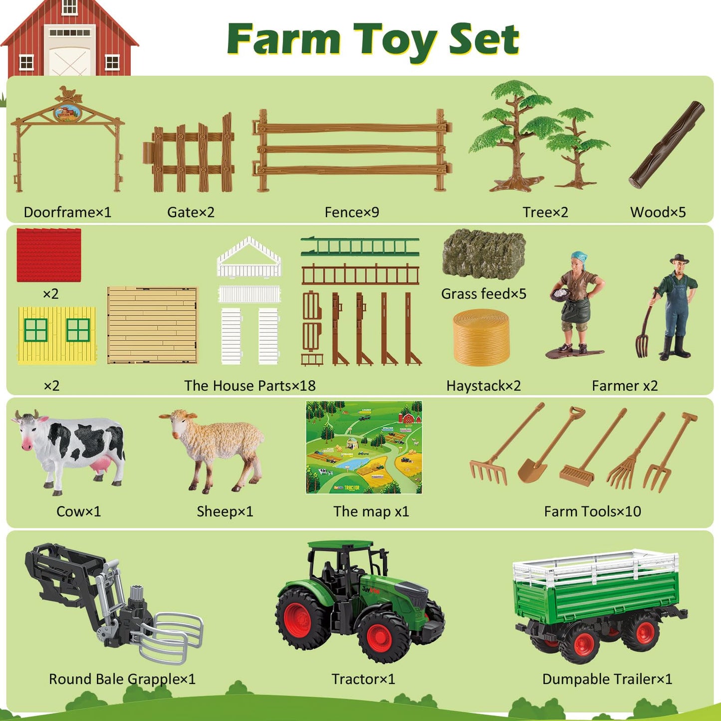 Joylike Farm Tractor Playset, 62 Pcs Farm Toy Set For Kids With 1/24 Tractor, Dumpable Traile, Bale Grapple, Big Barn, Farm Life