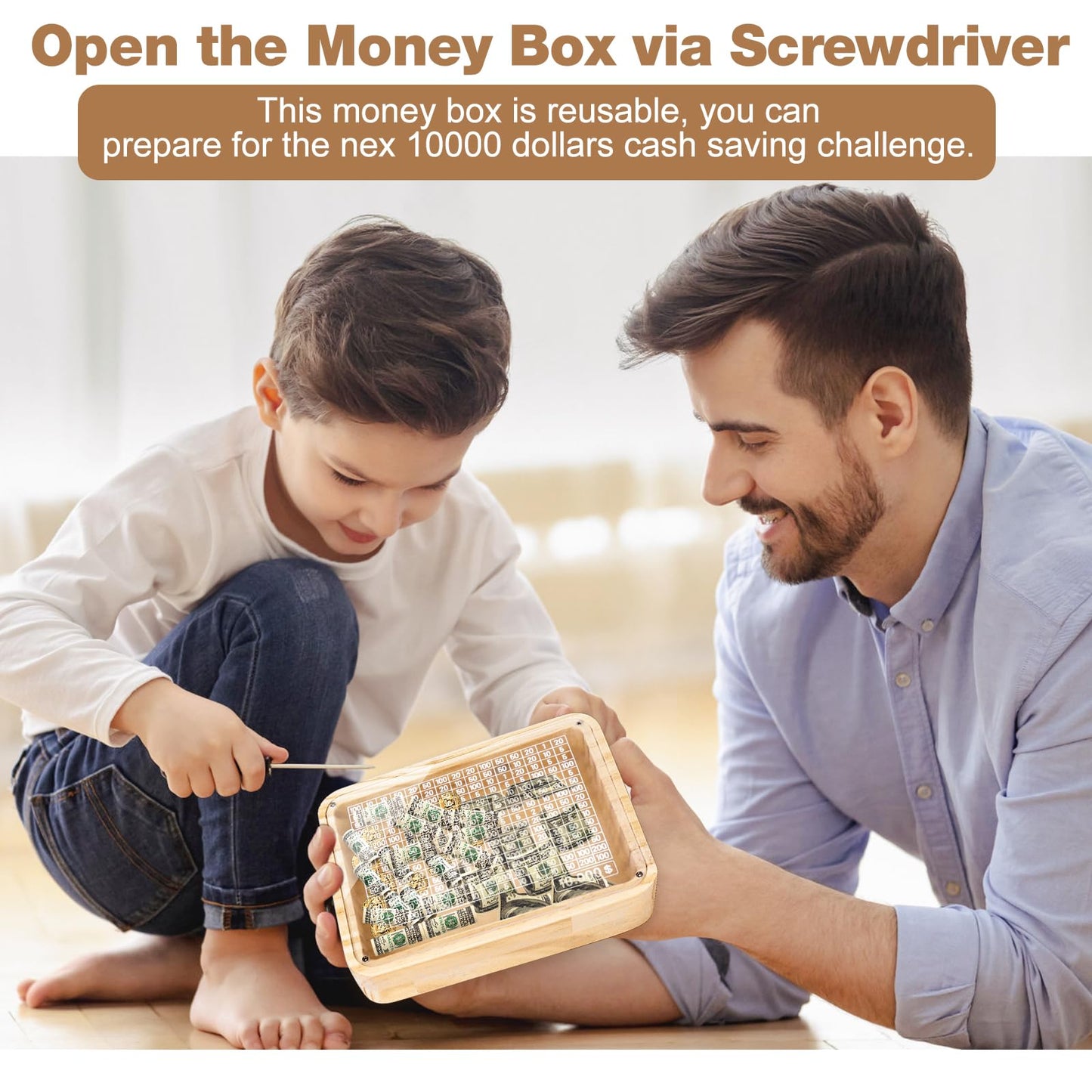 Homgaty Wooden Money Box Money Bank, Clear Countdown Money Saving Box With 10000 Dollars Target, Money Box With Money Target And Numbers To Check For Adults Kids Boys Girls