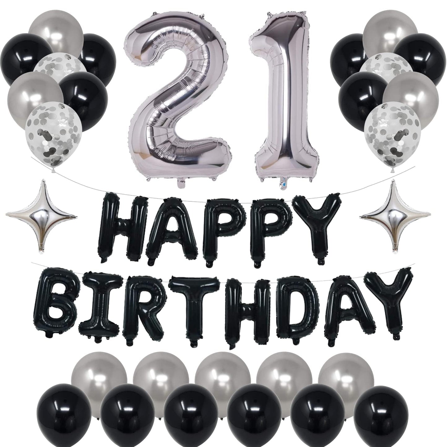 Naninuneno 21St Black Silver Birthday Party Decorations For Men Women, Happy 21 Birthday Party Supplies With Black Happy Birthda