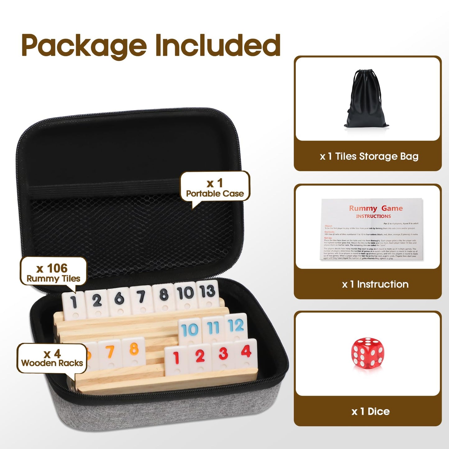 Uvcany Travel Rummy Cube Set With 4 Wooden Racks, 106 Rummy Cube Game Tiles With Portable Case For Family Classic Board Games - Travel Edition