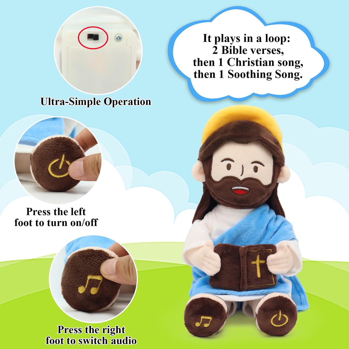 Yelakey Jesus Plush Talking Doll - 20 Bible Verses & Songs, 13.4" Blue Interactive Stuffed Toy for Kids, Perfect Religious Gift